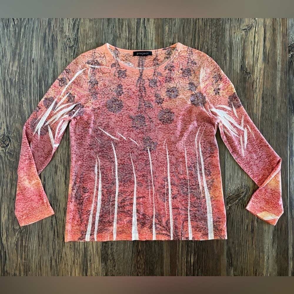 Project Womens L/S Shirt Blouse No Size See Measurements Orange White Floral Y2K